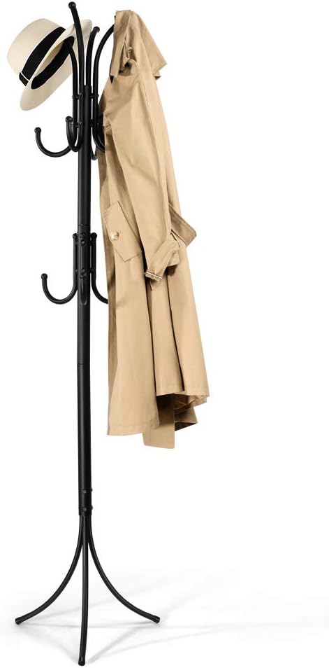 BNOIN Coat Rack Coat Tree Hats Hanger Holder 11 Hooks for Jacket,Umbrella, Tree Stand with Base Metal, Freestanding Rack for Entryway (Black)