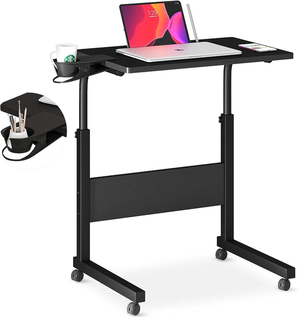 BNOIN Standing Desk Adjustable Height, Stand Up Desk with Cup Holder, Portable Laptop Desk, Mobile, Small Computer Desk, Bedside Table, Black Rolling Desk, Work Desk for Home Office