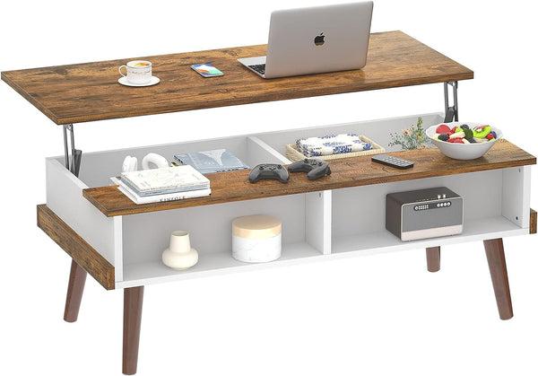 BNOIN Lift Top Coffee Table with Storage, 43.3inch  Modern Coffee Table Lift Tabletop Wood Pop Up Coffee Table with Open Shelf for Living Room, Home Office, Rustic Brown and White