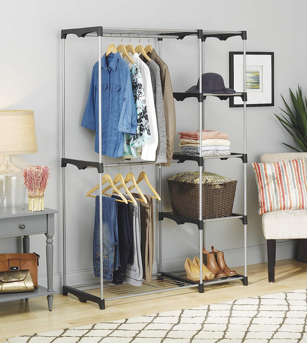 BNOIN Double Rod Freestanding Closet Organizer, Silver