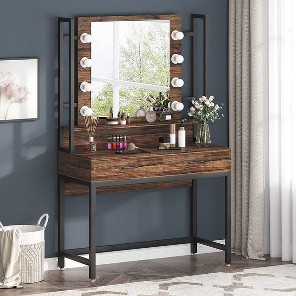 BNOIN Makeup Vanity Dressing Table with Mirror, 8 Lights   2 Drawers - 35.43inch (W)*15.74inch (D)*61.61inch (H)