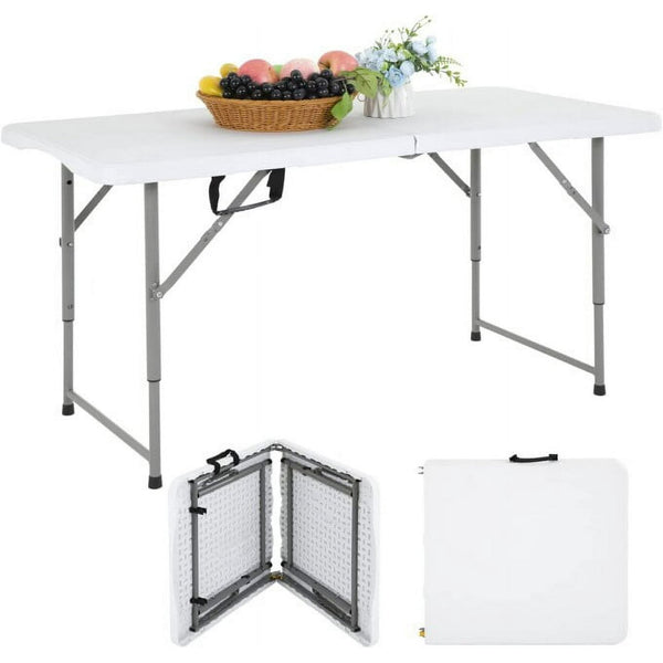 BNOIN 4ft Folding Table, Adjustable Height Camping Table Office Table for Indoor/Outdoor Picnic Camping Bench,White