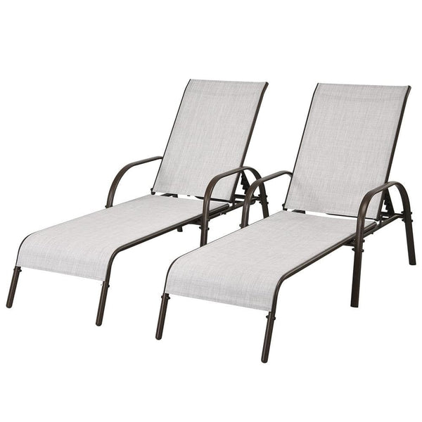 BNOIN 2-Piece Metal Adjustable Outdoor Chaise Lounges Chairs with Adjustable Reclining Armrest in Light Gray