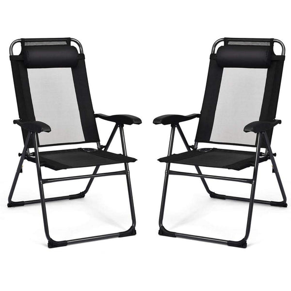 BNOIN Black Metal Portable Folding Outdoor Recliner with 7 Level Adjustable Backrest (2-Pack)